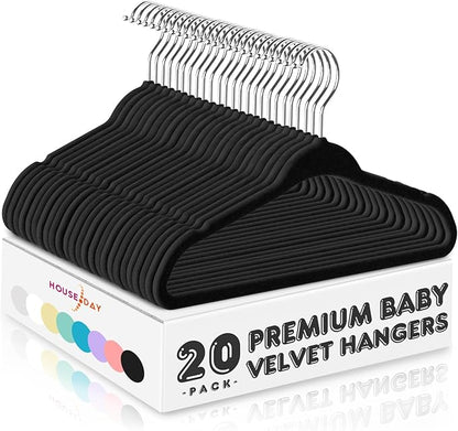 HOUSE DAY 11 Inch Black Velvet Baby Hangers 20 Pack, Premium Kids Hangers for Children, Infant & Toddler Clothes, Durable Non Slip Baby Felt Hanger for Closet, Ideal for Everyday Use