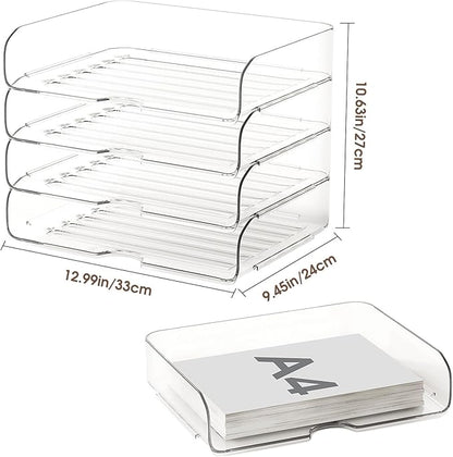 4-Tier Large-Capacity Paper Organizer, Clear Stackable Desk Organizer & Acrylic Paper Tray, Transparent & Easy Access,Desk File Organizer for Home Office & School