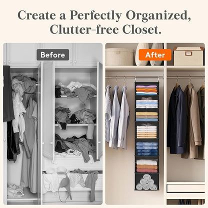 Lifewit 7 Tier Hanging Closet Organizer and Storage for Shelves, 1 Pack Foldable Clothes Shelf with 2 Sturdy Hooks, Sweater/Coat/Shoes Clothing Organization for Wardrobe, Dorm, Bedroom, Black