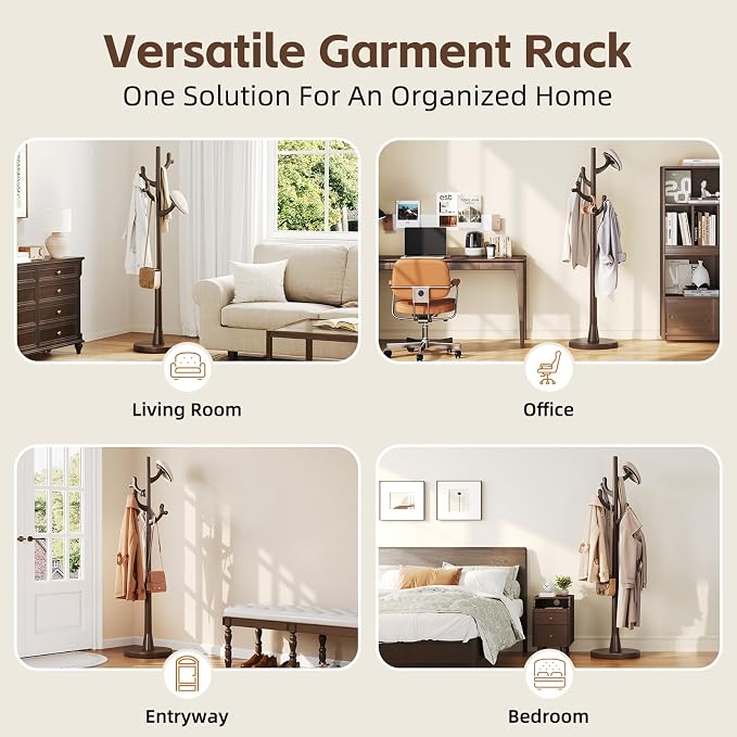 Uniclinens Coat Rack Freestanding Solid Wood Coat Tree Standing with 4 Hooks, Coat Rack Stand Creative Tree Branch-look (Dark Walnut)