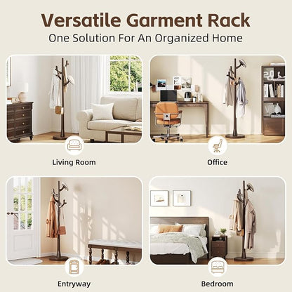 Uniclinens Coat Rack Freestanding Solid Wood Coat Tree Standing with 4 Hooks, Coat Rack Stand Creative Tree Branch-look (Dark Walnut)