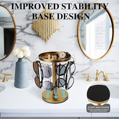 kondyfayo 360° Rotating Sunglass Organizer Storage, Stainless Steel Glasses Holder Stand, Glasses Organizer with Tray for Desk, Dresser, Tabletop, Nightstand and Home Decor (Gold)