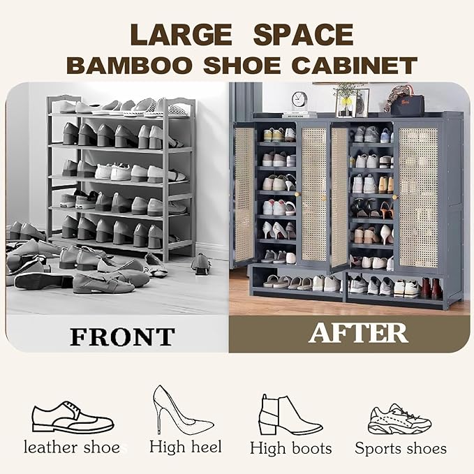 7-Tier Bamboo Shoe Cabinet,Shoe Storage Cabinet with Doors, 36-40 Pairs Freestanding Shoes Cabinet Organizer, Large Shoe Cabinet for Entryway, Hallway, Living Room