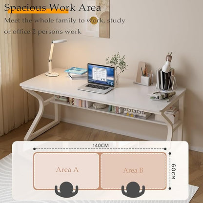 Extra Long Desk with Bookshelf - 55" Double Long Writing Table for 2-Person Workstation, Modern Study Work Computer Desk for Home and Office, Warm White