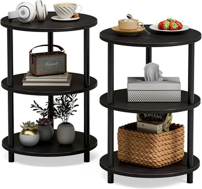 XBurmo Small Round End Table - 3 Tier Design Accent Table, Narrow Side or Bedside Stand, Industrial Vintage Nightstand for Bedroom, Living Room, or Small Spaces, Set of 2, Charcoal Wenge