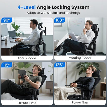 OdinLake L1 Ergo Upgrade 518 Grey Ergonomic Mesh Office Chair – Big & Tall 350lbs, Adjustable Lumbar Support, Seat Depth, Height, Headrest, Armrests, High Back Desk Chair