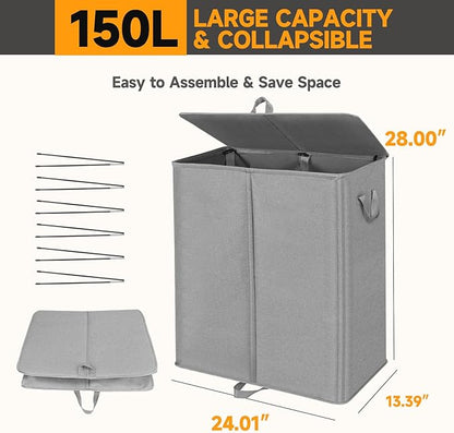 150L Double Laundry Hamper with Lid and Removable Bags,28in Tall Laundry Basket 2 Section,Large Dirty Clothes Hamper 2 Dividers for Bedroom,Laundry Room,Bathroom,Dorm Grey