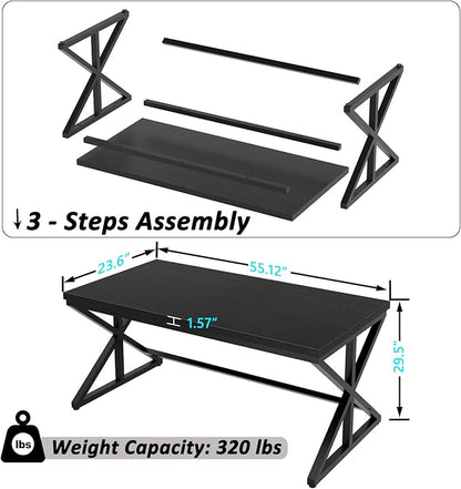 IBF 55 Inch Black Home Office Desks, Modern Computer Desk for Writing Study, Wood Metal Simple Gaming Work Table for Bedroom, Industrial Wooden Pc Workstation Executive Desk, Black Oak