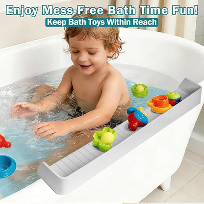 Bathtub Splash Guard for Tub Kids- 31" Extra Long Silicone Bath Play Shelf, Toy Tray & Caddy Holder, Prevent Water Spills & Messy Floors, Tub Edge Guard for Bathroom- Grey