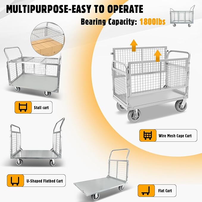 Platform Truck Cart with Cage, 6-in-1 Flatbed Utility Carts, Foldable Heavy Duty Push Cart Dolly W/Swivel Wheel, Rmovable Side, 1800lbs Capacity, 39"x24" Hand Truck for Groceries, Garage, Warehouse