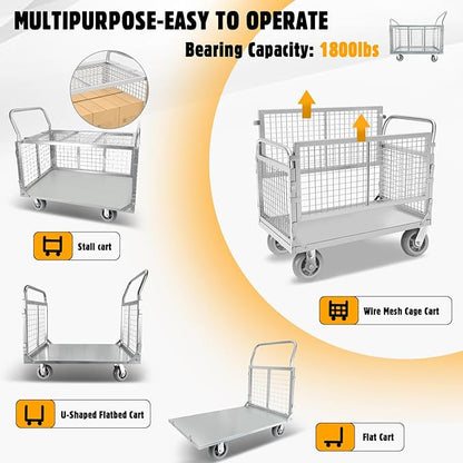 Platform Truck Cart with Cage, 6-in-1 Flatbed Utility Carts, Foldable Heavy Duty Push Cart Dolly W/Swivel Wheel, Rmovable Side, 1800lbs Capacity, 39"x24" Hand Truck for Groceries, Garage, Warehouse