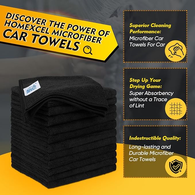 HOMEXCEL Black Microfiber Cleaning Cloth 200 Pack, 11.5 x 11.5 inch Bulk Shop Towels | Reusable Cleaning Rags for Cars, Kitchen, Window, Garage and House, Ultra Absorbent, Lint Free, Streak Free