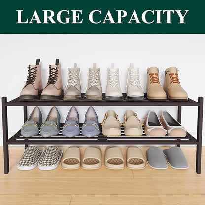 Smiry Long Bamboo Shoe Rack 2-Tier, Stackable Wooden Shoe Organizer for Entryway & Closet, Free Standing Wood Shoe Storage Shelf for Front Door & Small Spaces, Brown