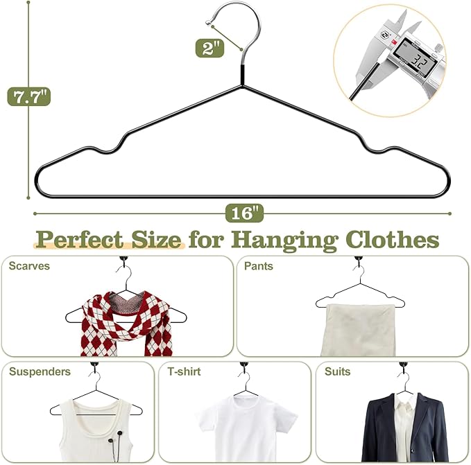 16 Inch Black Rubber Coated Metal Hangers 50 Pack with Shoulder Notches, Heavy Duty, Non-Slip, Space Saving Closet Organizer for Suit, Shirt, Coat, Dress, Camisole, Pants