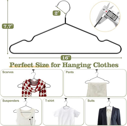 16 Inch Black Rubber Coated Metal Hangers 50 Pack with Shoulder Notches, Heavy Duty, Non-Slip, Space Saving Closet Organizer for Suit, Shirt, Coat, Dress, Camisole, Pants