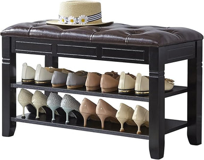 LEILISI Shoe Bench, Storage Rack Organizer with Cushion 2 Tier Lift Top Shoe Rack for Entryway Living Room Bedroom Hallway Wooden Furniture (Black, 31.5'')