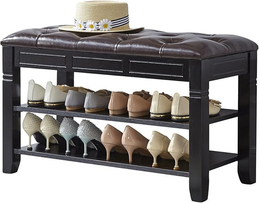 LEILISI Shoe Bench, Storage Rack Organizer with Cushion 2 Tier Lift Top Shoe Rack for Entryway Living Room Bedroom Hallway Wooden Furniture (Black, 31.5'')