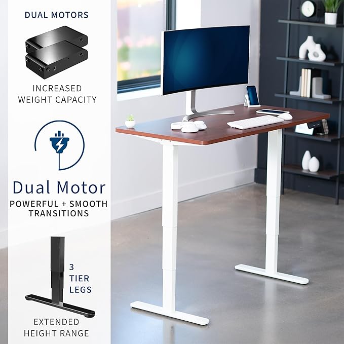 VIVO Electric 60 x 24 in Dual Motor Sit Stand Desk, Memory Height Adjustment, 2B Series, Dark Walnut Top White Frame, DESK-KIT-2W6D