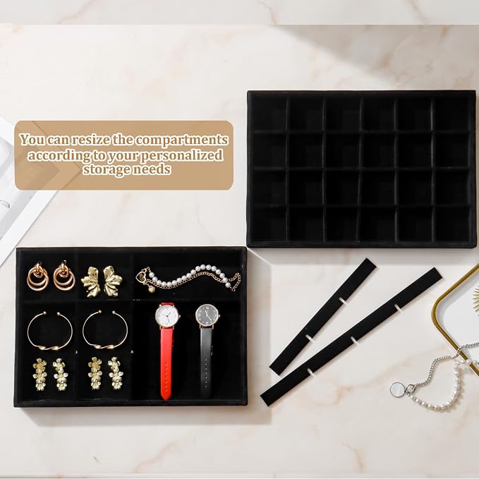 Large Velvet Jewelry Tray 2 Pack Stackable Jewelry Display Drawer Inserts Trays Organizer for Earring Bracelet Necklace Ring (Black, 24 Grids)