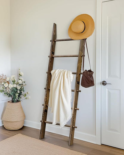 TEAKMAMA 6-Tier Blanket Ladder with Hanging Knobs,5.5 Ft Wall Leaning Blanket Ladders for Living Room Bedroom,Rustic Decorative Storage for Quilts,Throws,Easy to Assemble,Rustic Brown
