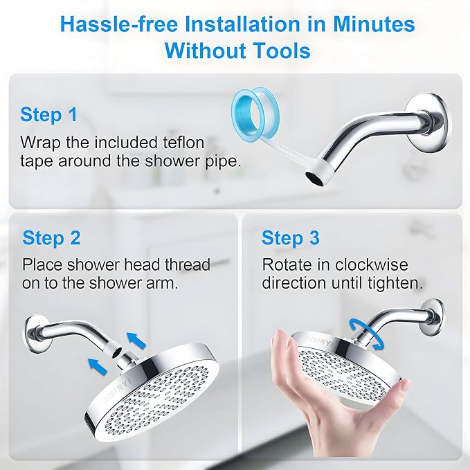High Pressure Rainfall Shower Head, 6 Inches Showerhead with Perfect Adjustable Replacement, Removable Restrictor, Easy Installation for Your Bathroom Shower Heads (Chrome Plated + Shower Arm)