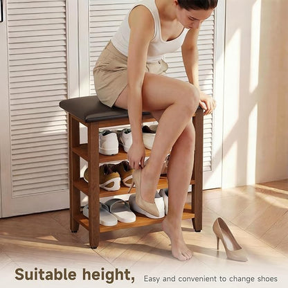Shoe Bench with Leather Cushion,Wood Bench with Shoe Rack,3-Tier Shoe Storage Organizer for Entryway,Hallway,Living Room (Brown, 3-Tier-23.6")