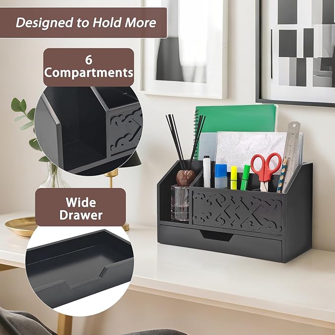 Black Wooden Mail Organizer with Drawer, Three Tiered Desk Accessories for Office Organization and Storage, Stylish Countertop Document Storage, Home/Office/Classroom Supplies (Black03)