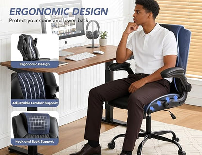 Office Chair with Adjustable Inflatable Lumbar Support,Leather Ergonomic Computer Desk Chair with Flip-up Arms,Adjustable Tilt Lock,Swivel Rolling Executive PC Chair for Work,Study,Meeting.Black
