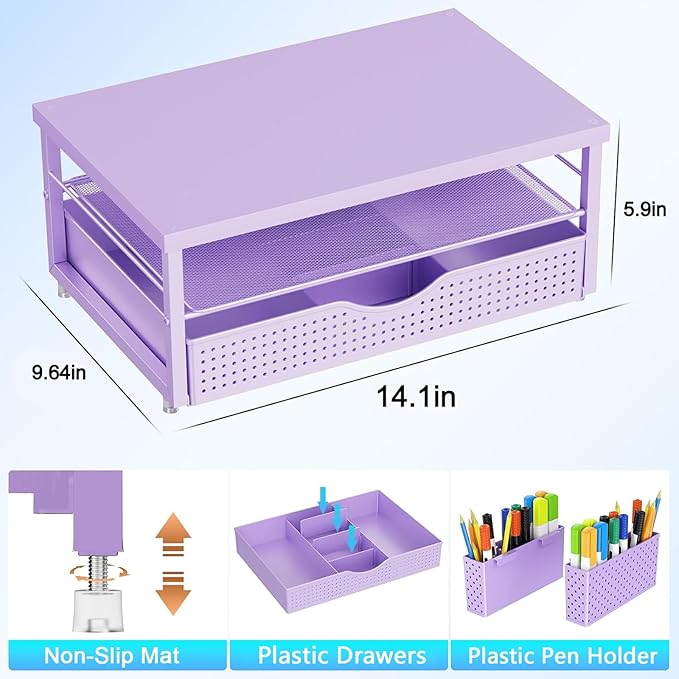 gianotter Monitor Stand Riser, Desk Organizer with Drawer and 2 Pen Holders, 2-Tier Workspace Organizer for Office Supplies