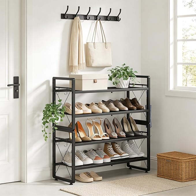 ELYKEN Shoe Rack, 4-Tier Expandable Shoe Organizer for Entryway, Metal Black Shoe Shelf with 4 Hooks, Adjustable Shoe Stand Holder for Closet, Garage, Door Entrance