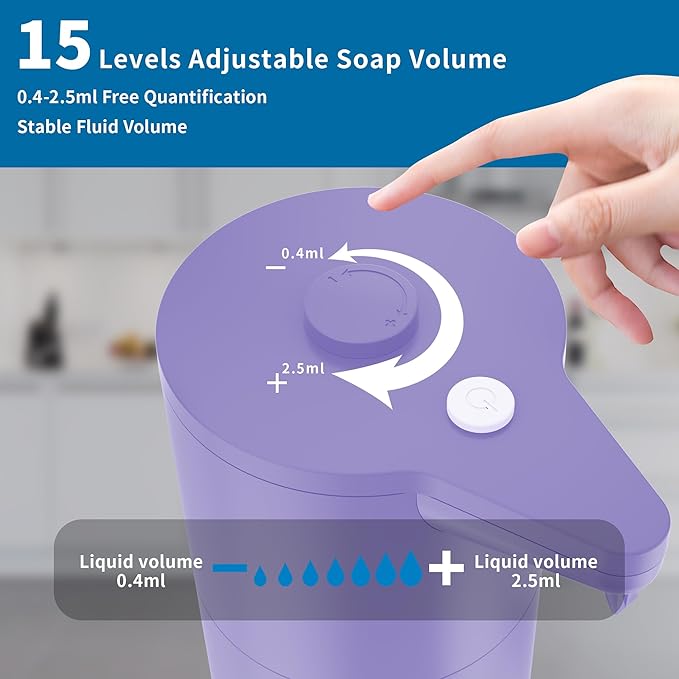 Aunmaon Automatic Soap Dispenser Touchless, Hands-Free, Multi Adjustable Volume, Long Battery Life, Compatible with Thick & Thin Dish/Hand Soap for Bathroom and Kitchen, Easy for Toddlers, Purple