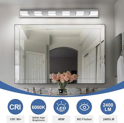 Modern LED Bathroom Lights Fixtures(6-Light),Stainless Steel Chrome Acrylic Wall Lighting,Vanity Lights for Bathroom Over Mirror(6000k 41in)