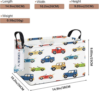 Rectangular Cartoon Car Pattern Storage Bin, Decorative Canvas Laundry Basket with Dual Handles, Foldable Household Toy Organizer, Multipurpose Party Gift Basket for Bedroom Dorm (Car)