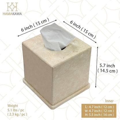 Natural Marble Tissue Box Cover, Beige Tissue Organizer 6 x 6 x 6 Inch, Heavy Stone Decorative Box, Square Tissue Box Holder for Home Decor, Kitchen, Bathroom, Bedroom