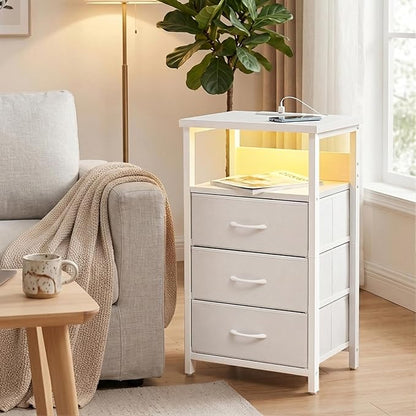 Fixwal White Nightstand with Charging Station, LED Night Stand with 3 Fabric Drawers and Open Shelf, Bedside End Table in Bedroom