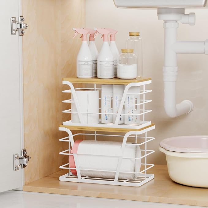 TIDIIABODE 2 Pack Stackable Laundry Room Organization and Storage, Laundry Room Decor and Accessories, Trash Bag Holder with Bamboo Top and Garbage Bag Dispenser, White
