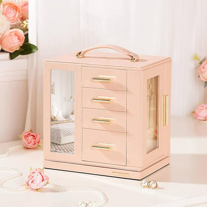 Homde Jewelry Box 360° Rotating, Necklace Earring Organizer with Transparent Window, Mirror, 7 Drawers, Large Ring Display Storage Case for Girls Women (Peach Pink)