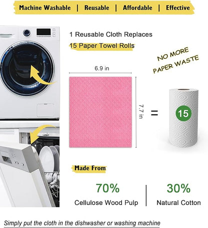 MoLKENE Swedish Dishcloths for Kitchen | 6 Pack Absorbent Cellulose Sponge Cloths Washable | Non-Scratch Reusable Paper Towels Quick Drying Cleaning Cloths - Pink