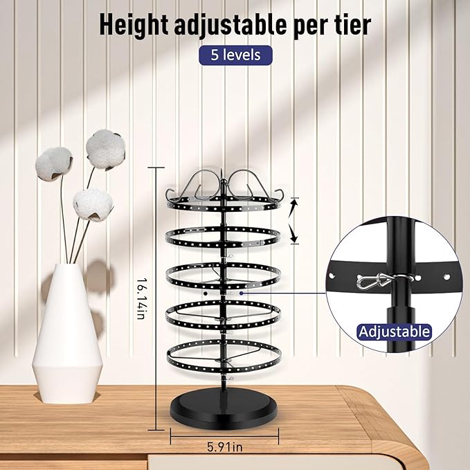 5 Tier 360 Rotating Earring Holder Organizer Stand, Jewelry Tree Rack, 220 Holes Display Storage for Stud Hoop Earrings, Vintage Metal Design, Space Saving Table Decor