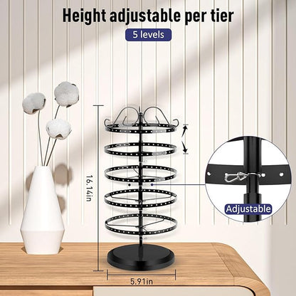 5 Tier 360 Rotating Earring Holder Organizer Stand, Jewelry Tree Rack, 220 Holes Display Storage for Stud Hoop Earrings, Vintage Metal Design, Space Saving Table Decor