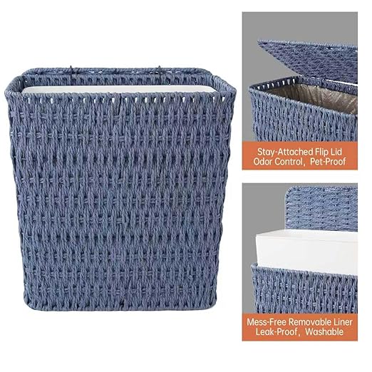 3 Gallon Paper Rope Bathroom Trash Can,Small Wicker Trash Cans with Lid and Liner,Woven Rattan Narrow Waste Basket for Bedroom,Office,Blue