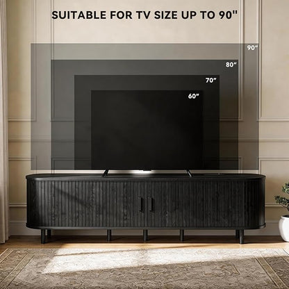 80" Mid Century Modern TV Stand with Power Outlet, Fluted Entertainment Center with Storage and Adjustable Shelves, Wood TV Console with Sliding Doors for Living Room, Black