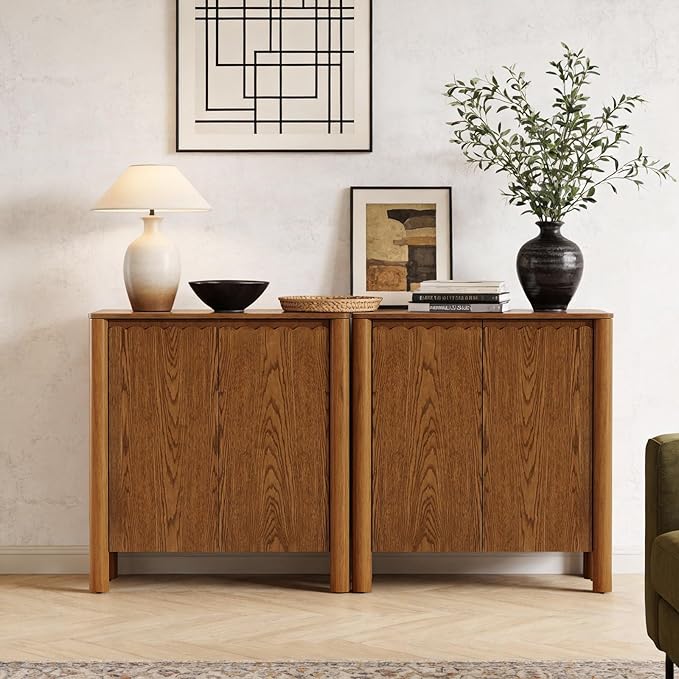 HMFULE 31.5" Sideboard Buffet Storage Cabinet, Solid Wood Retro Buffet Cabinet with Storage Adjustable Shelf & 2 Doors, Accent Cabinet for Hallway, Living Room, Dining Room, Kitchen (Light Brown)