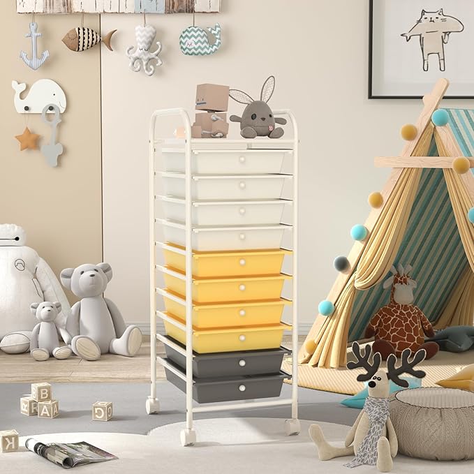 RELAX4LIFE 10 Drawer Rolling Cart, Slim Storage Cart w/Lockable Wheels for Classroom School Teacher Office, Art Supplies Paper Scrapbook Craft Organizers, Utility Cart with Drawers (Yellow)