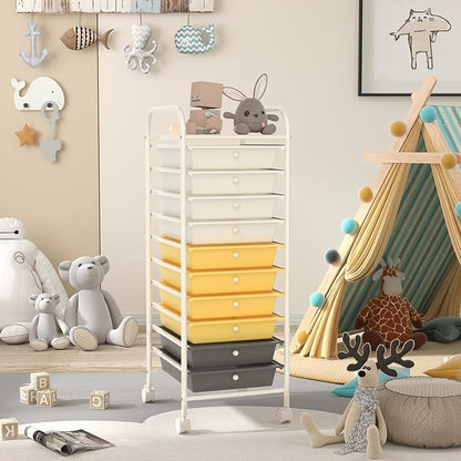 RELAX4LIFE 10 Drawer Rolling Cart, Slim Storage Cart w/Lockable Wheels for Classroom School Teacher Office, Art Supplies Paper Scrapbook Craft Organizers, Utility Cart with Drawers (Yellow)