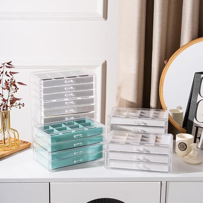 Lolalet Earring Holder Organizer Box Jewelry Storage with 6 Drawers, Clear Acrylic Stackable Earring Case with Adjustable Velvet Trays for Women on Dresser Vanity -Aqua, 6 Layers