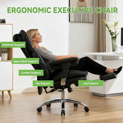 Efomao Big & Tall Executive Office Chair with Footrest - 400lbs Heavy Duty High Back PU Leather Desk Chair, Modern Ergonomic Reclining Computer Chair, Black