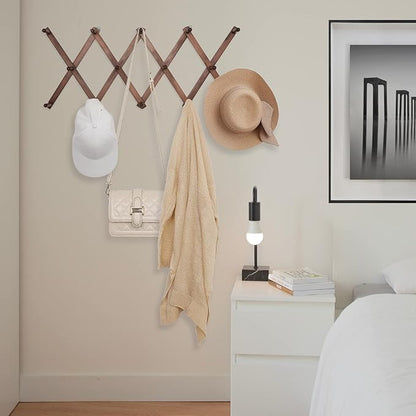 16 inch High Accordion Wall Hanger with 14 Hooks, Wooden Wall Expandable Coat Rack for Coat, Hats, Baseball Caps, Coffee Mug, Jewelry