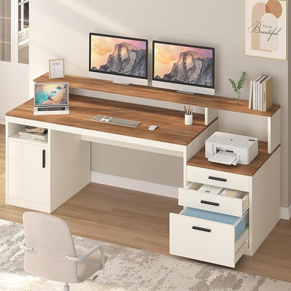 65 Inch Computer Desk with 3 Drawers & Storage Shelves, Executive Desk with File Drawer & Cabinet, Home Office Desk with Long Monitor Stand & Printer Shelf, Antique White