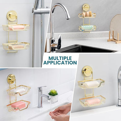TAILI Double Layer Soap Holder, Bar Soap Dish Suction Cup for Shower Wall, Draining Saver Tray for Bathroom, Rustproof Stainless Steel Sponge Holder for Tub, Kitchen, Drill-Free, Gold